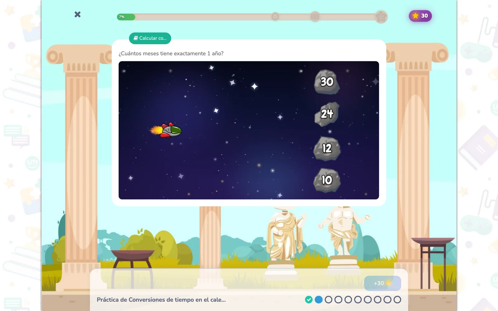 Actividad en formato juego: pregunta con cuatro respuestas en asteroides y una barra de avance arriba.