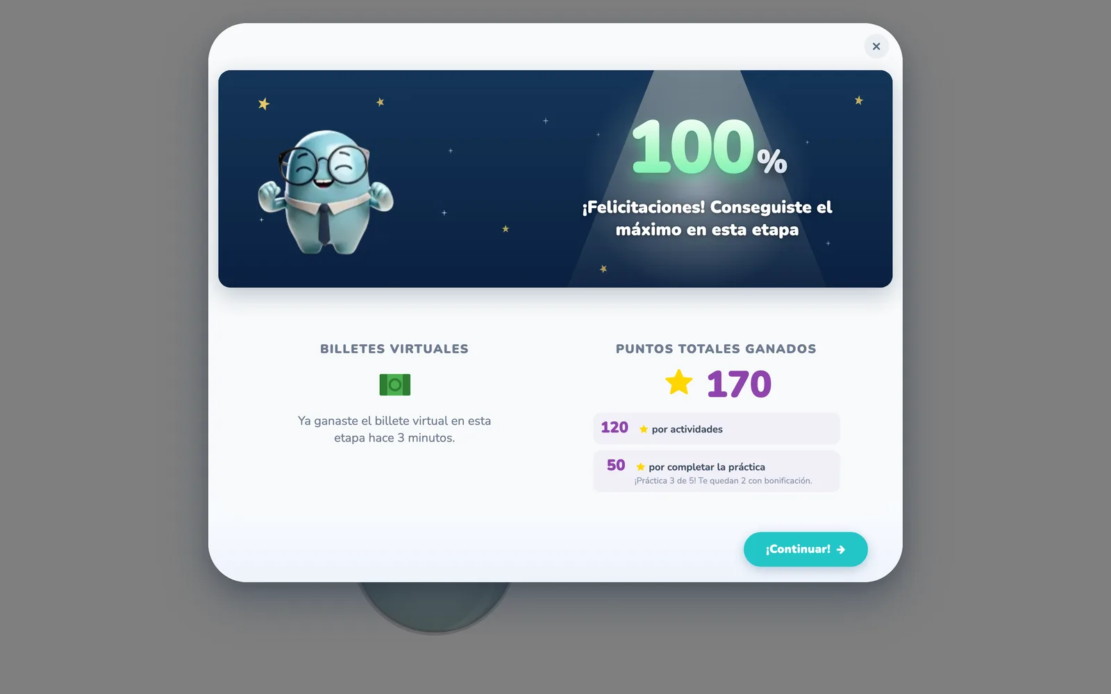 Celebración al superar una etapa: 100% de logro, un billete virtual y 170 puntos ganados.