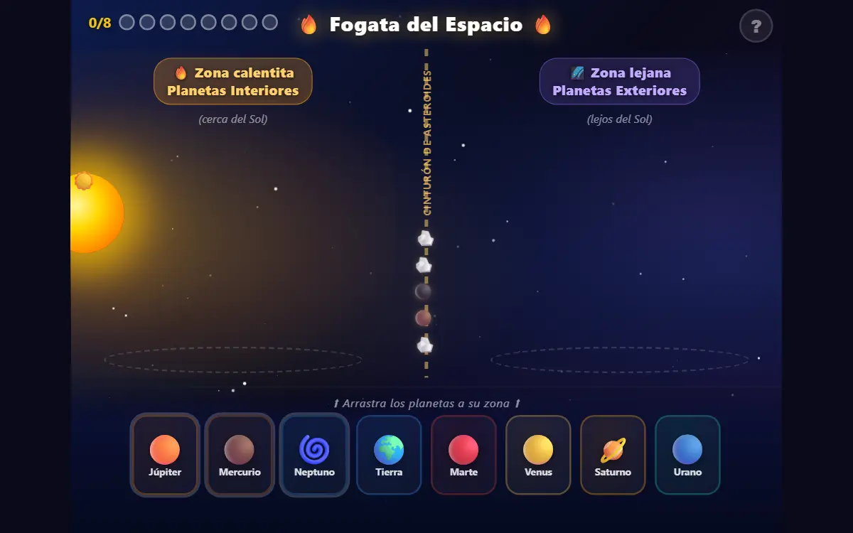 Tutorial «Fogata del Espacio»: ocho planetas esperan ser arrastrados a la zona de planetas interiores o exteriores.
